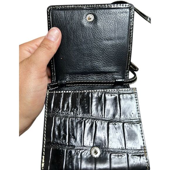 Vintage Brighton Croc Leather Wallet Crossbody Bag  Black Silver Snap Timeless - Picture 5 of 6